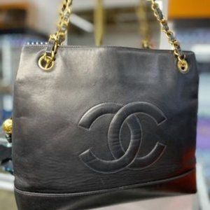 Chanel Vintage Lambskin Embossed Logo Tote Bag W/ Gold Ball